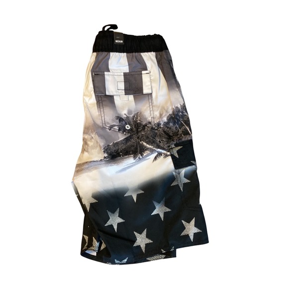 US Apparel Other - US Apparel Mens Swim Trunks Shorts Medium Black White Stars Palm Tree Print